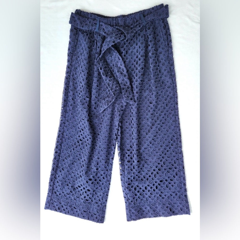 Navy Eyelet Lace Wide-Leg Pants